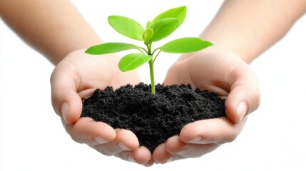 Hands Gently Holding Rich Dark Soil with a Green Plant Growing in a Nurturing Environment