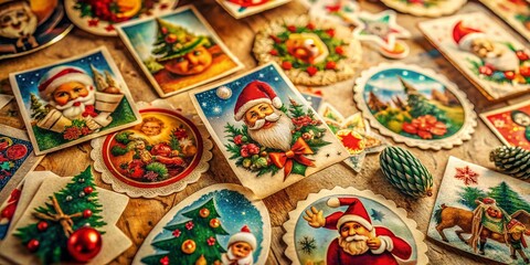 Fototapeta premium Vintage Christmas Stickers: Surreal Festive Collage, Whimsical Holiday Decorations