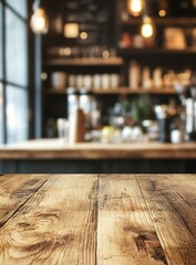 A photographic illustration of a wooden table in a coffee shop, blurred coffee shop interior in the background