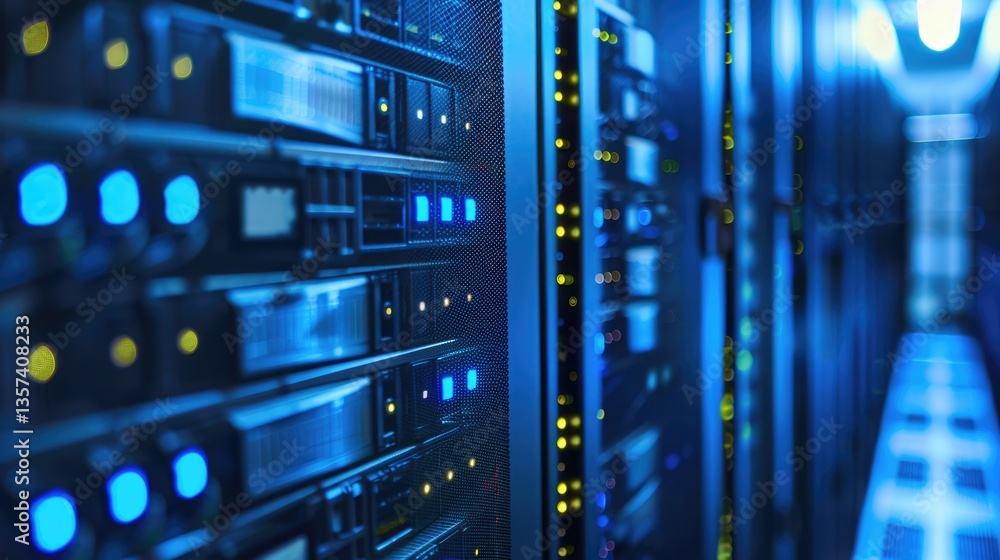 Poster a captivating blue background showcasing a modern server system, highlighting the intricate design a