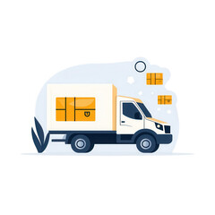 Delivery truck with cargo boxes in motion, white isolate background.