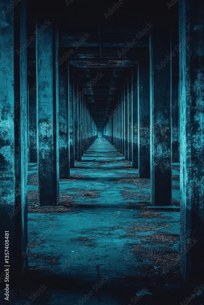 Poster eerie blue concrete pier columns receding into the distance creating a sense of depth and perspectiv