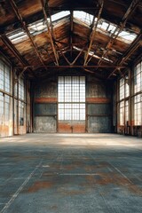 Expansive interior of an abandoned industrial warehouse with rustic wooden beams and large windows casting light