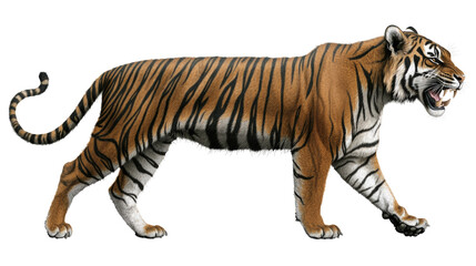 Fototapeta premium Striking Illustration of a Walking Tiger with Distinct Stripes and Intent Gaze in Profile View