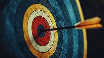 A photographic illustration of an arrow hitting the bullseye of a target, the target designed with blue, white, and red circles, the arrow's tail is yellow, blurred background