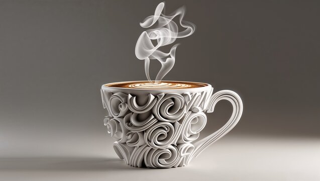Photorealistic 3D typography of a coffee cup sculpted from swirling letters with steam rising in elegant script