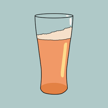 Stylized Minimalist Glass of Golden Craft Beer with White Foam and Glossy 3d Effect. Isolated Vector Icon on Light Blue Background 