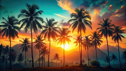 silhouette of palm trees against a vibrant sunset over the ocean, creating a tropical paradise scenery. This stunning scene is perfect for travel and relaxation concepts