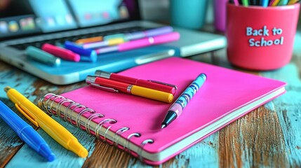 Naklejka premium Creative workspace featuring colorful pens, notebook and laptop for education