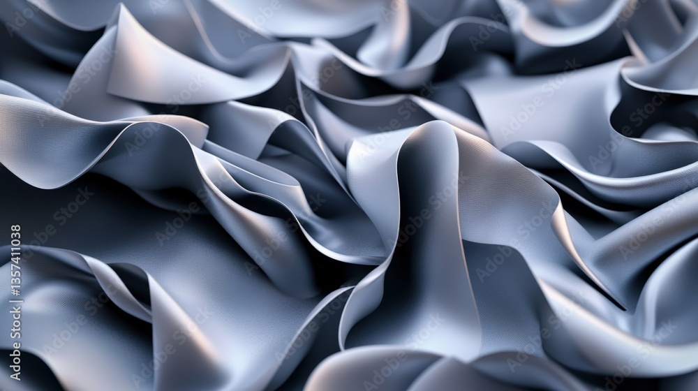 Poster abstract close-up view of flowing metallic silver fabric showcasing soft undulating folds and intric