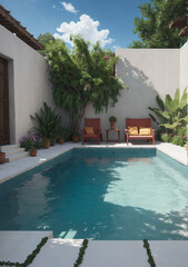 luxury swimming pool with chairs at the other end and lots of lovely fancy plants