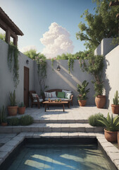 Seating area in a serene little backyard with emptied pond and sunlight shining across the back wall