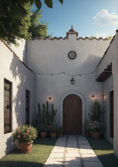 Naklejka premium entrance to the old church in mission architecture style and modern string lights added to it