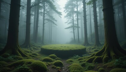 Obraz premium Enchanted Foggy Forest Mystical Mossy Grove with Circular Platform