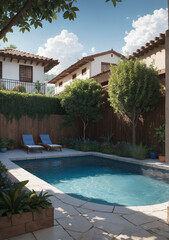 hotel swimming pool with lounge chairs and background of fancy houses behind it in Spanish architecture style