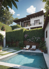 swimming pool in hotel resort with hotel room on second floor overlooking it and with nice lounge chairs resting against a tall wooden fence with plants
