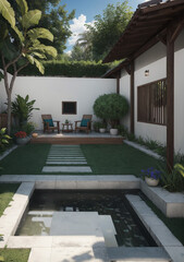 Relaxing little garden with zen pool and nice little wooden chairs to sit and enjoy the serenity