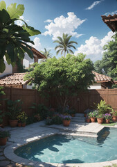 swimming pool with palm trees and tall wooden fence in tropical architecture style with houses in the background with tiled roofs