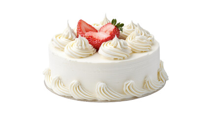 Delicious white cream cake topped with fresh strawberries and elegant whipped cream decoration