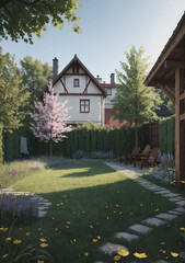 old house in spring with large garden and shadows in the afternoon