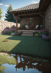 Nice backyard with natural pond and patio space for sitting and talking