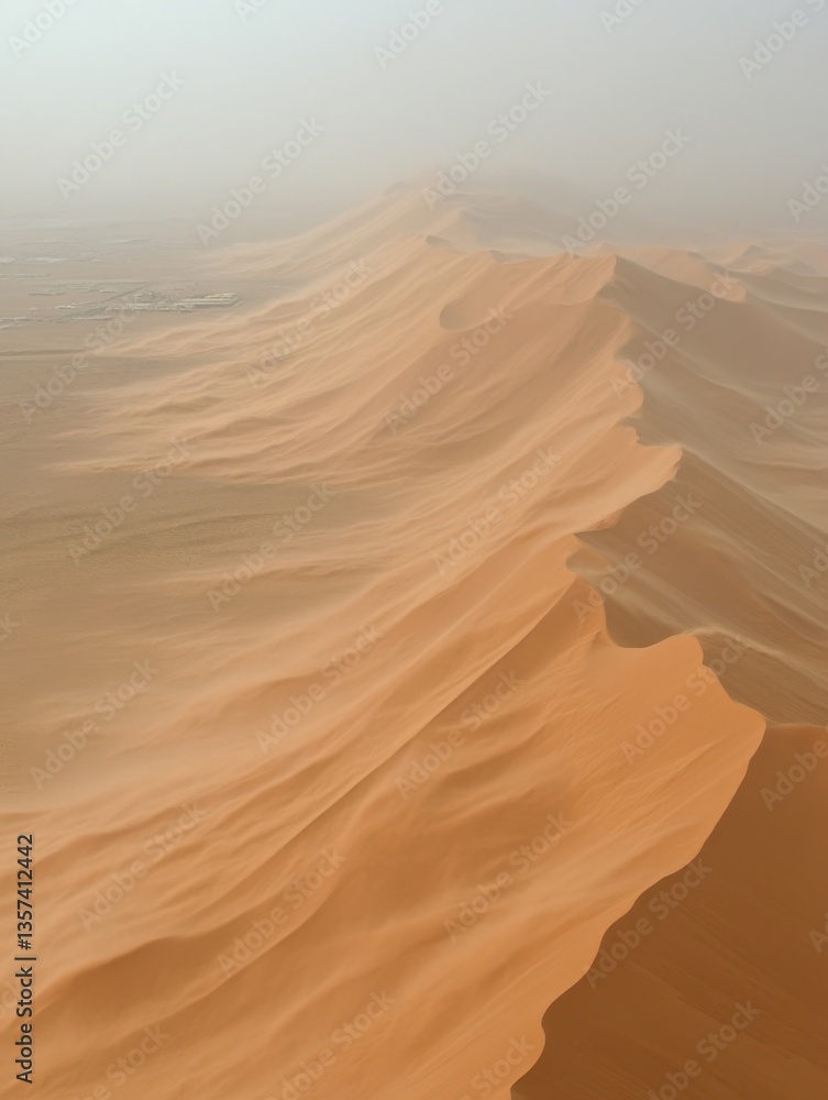 Poster serene vastness of desert dunes under hazy sky creating a tranquil and ethereal landscape with warm 