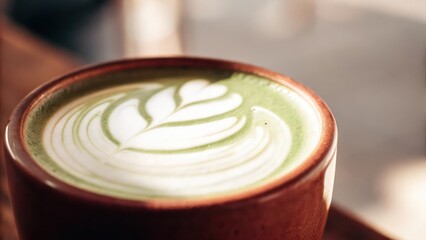 a close-up shot of a beautifully crafted matcha latte with a delicate design on top, presented in a ceramic mug