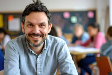 Fototapeta premium Positive Male Teacher Teaching Students in School Classroom