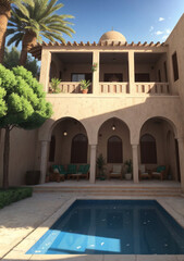 luxury swimming pool in a two-story home with arches in Moroccan style
