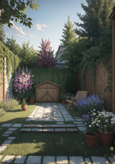 path in the garden with tiny storage shed and blooming spring flowers
