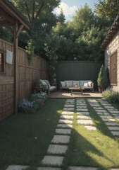 old house in the garden with lovely uncovered patio in English garden style