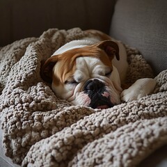 Chubby Bulldog Sleeping Comfortably on a Sofa Wrapped in a Soft Blanket with Gentle Lighting