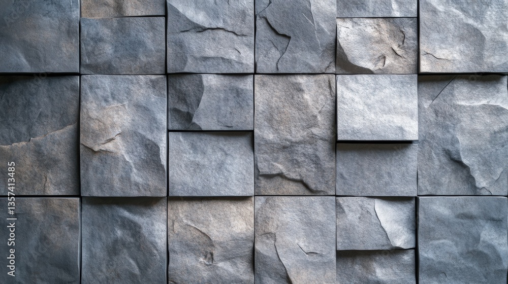 Poster close-up view of a textured gray stone wall composed of square tiles with variations in shade and su