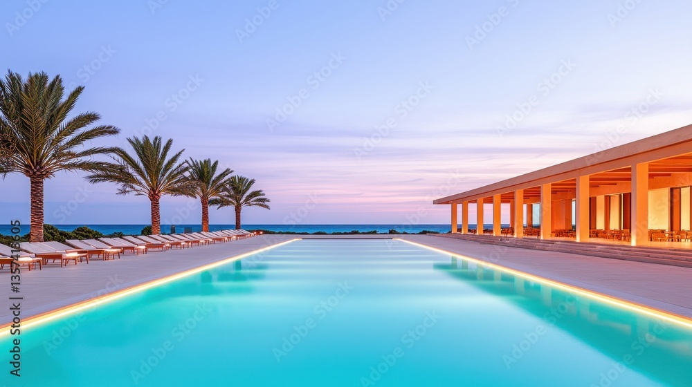 Poster serene twilight poolside scene with palm trees and ocean view