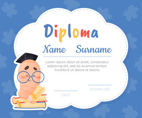 Cute Worm Character with Book in Glasses Diploma Vector Template