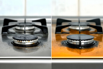 Before and after cleaning a gas stove, showcasing the contrast between grease buildup and a spotless surface.