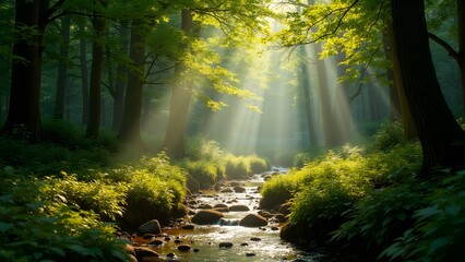 Fototapeta premium Sunlit Forest Stream: Nature's Serene Beauty, Woodland, Trees, and Flowing Water