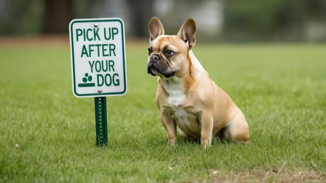 Dog sits beside sign reminding owners to clean up after pets in a park setting