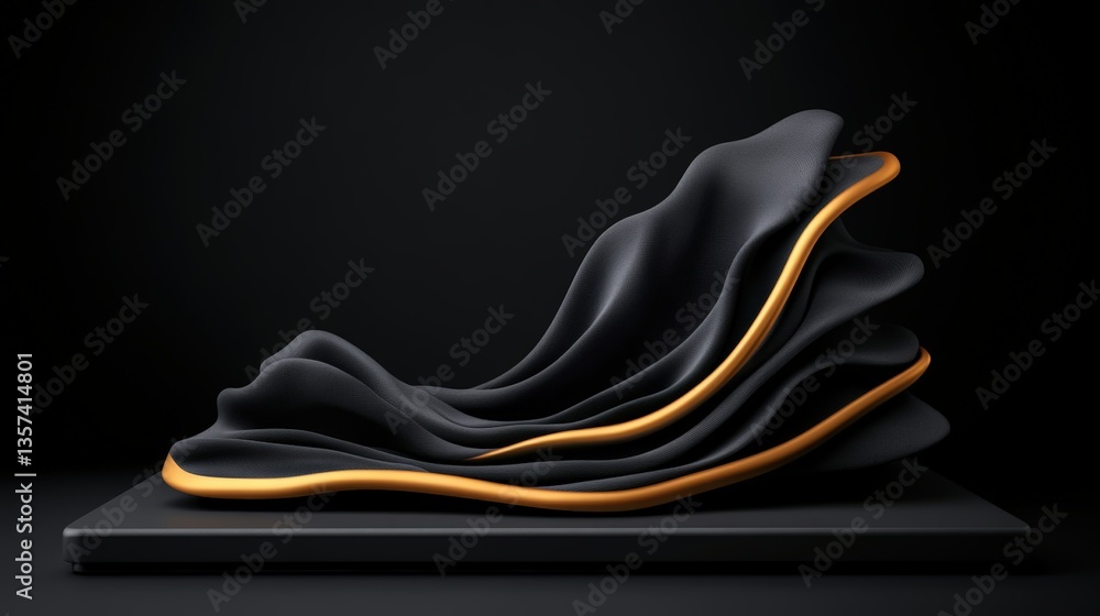 Aufkleber abstract 3d rende of layered flowing black forms with golden accent resting on black platform agains