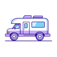 Fototapeta premium A cartoon illustration of a purple and white recreational vehicle (RV) with large windows, a sleek design, and a flat roof, parked on a level surface, offering a modern, mobile home aesthetic. 