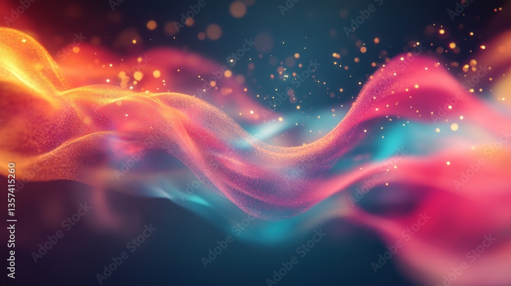 Poster ethereal waves of warm light and sparkling particles dance against a dark backdrop creating a mesmer