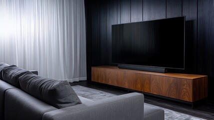 A modern living room with sleek walnut wood cabinets and a deep charcoal wall