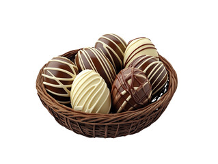 Colorful basket filled with chocolate Easter eggs on a transparent background for spring celebrations