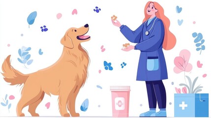 Naklejka premium Smiling veterinarian giving treats to a happy golden retriever with medical supplies and decorations