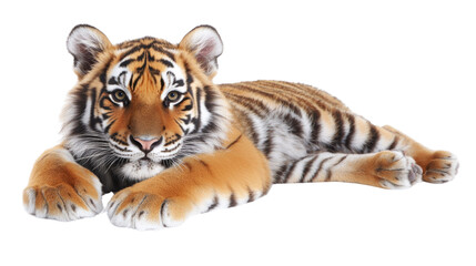 Obraz premium Majestic Tiger Lying Gracefully with Striking Patterns and Vibrant Colors on a White Background