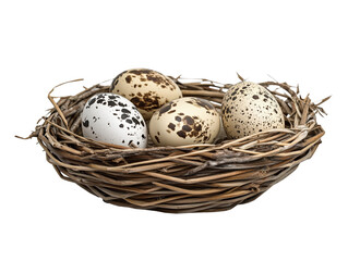 Obraz premium Unique assortment of eggs nestled in a woven basket on a transparent background