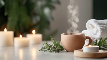 Warm Candlelight and Cozy Cup on Rustic Table Creating Inviting Atmosphere