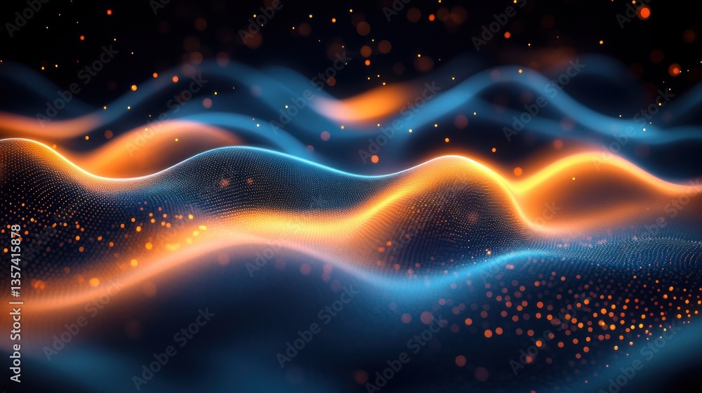 Poster flowing luminous texture on dark background, dynamic landscape with neon blue and orange gradient pa
