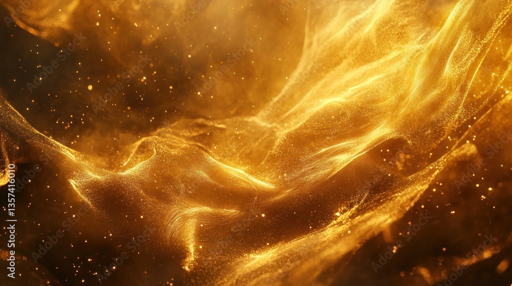 Poster abstract golden luminous shimmering background with sparkling dust particles and waves of light