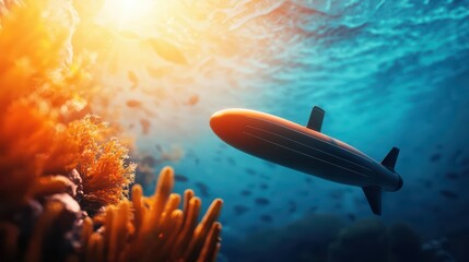 Obraz premium Underwater drone surrounded by marine life and coral